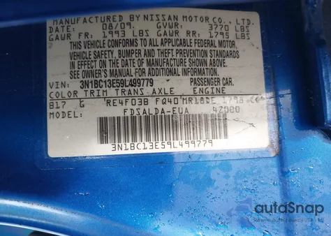 2009 Nissan Versa 1.8S z USA, uszkodzony, nr VIN 3N1BC13E59L499779